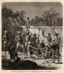 Skupina indických kejklířů. Rytina pro ilustraci plavby v poledních provinciích Indie, od Alfreda Grandidiera, v letech 1862-1864, publikovaná v “” le tour du monde””, pod vedením D