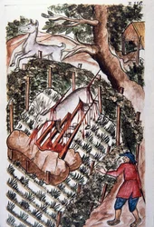 Jelen padne do pasti lovců, z knihy "Trujillo del Peru" nebo "Codex Martinez Companion", od Baltazara Martinez Companion a Bujanda, biskup z Trujillo (1782-1785)