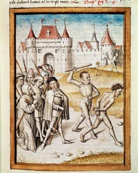 Muž je veden k Miniaturnímu mukám z německého překladu Bidpaiových bajek „Kalila (Calila) a Dimna“. (ms. 1389, fol. 16) kolem 1480 Chantilly, musee Conde