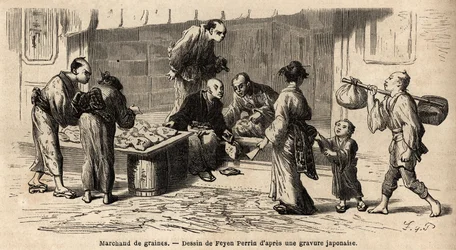 Prodejce semen uprostřed ulice. Rytina pro ilustraci plavby do Japonska v letech 1863-1864 od Aime Humberta, ministra Švýcarské konfederace, v „Le tour du monde, nouveau journal des voyages““ vydaném pod vedením Edouarda Chartona