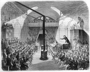Zasedání v klubu jakobínů během revoluce roku 1789. Rytina z roku 1844.