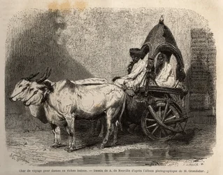 Cestovní tank odpalovaný dvěma bílými voly, pro dámy nebo bohaté hinduisty. Rytina pro ilustraci plavby v poledníkových provinciích Indie od Alfreda Grandidiera v letech 1862-1864, publikovaná v „” le tour du monde””, pod vedením D