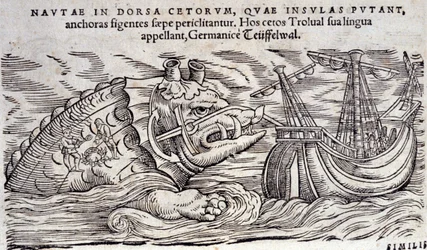 Velryba zmatená s ostrovem. Dva lidé zapálí oheň na zádech mořského monstra. Rytina n Historia Animalium od Conrada Gesnera (1516-1565), Tiguri
