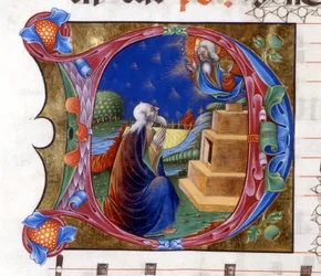 Abraham je pozván Hospodinem, aby opustil svou zemi. Miniatura z chóru z 15. století („civitatis“ od svatého Augustina).