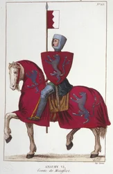 Amaury VI, hrabě z Montfortu (v.1192-v. 1241), ztratil část dobytí svého otce Simona IV. Pevnost a postoupil svá práva na jih francouzskému králi Ludvíku VIII. Rytina z roku 1830.