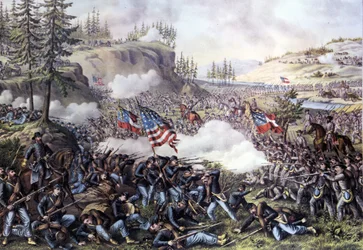Americká občanská válka (1861 - 1865): Bitva u Chickamauga (Gruzie) 18.-20. září 1863. Rytina 19. století.