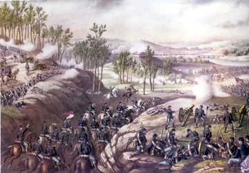 Americká občanská válka (1861 - 1865): Bitva u Resaca (Gruzie) 13.-15. května 1864. Rytina 19. století.