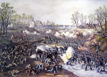 Americká občanská válka (1861 - 1865): Bitva o Shiloh nebo Pittsburg Landing (Tennessee) 6.-7. dubna 1862. Rytina 19. století.