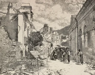 Mezi troskami po zemětřesení v přímořském letovisku Balliazzi, Itálie