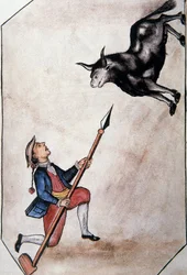 Indián ukazující z kopí na býka, z knihy „Trujillo of Peru“ nebo „Codex Martinez Companion“, od Baltazara Martineze Companiona a Bujandy, biskupa z Trujillo (1782-1785)