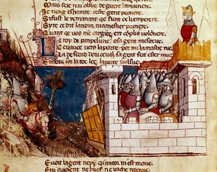 Armáda (od krále Pamplony?) se uchýlí do hradu a vyšplhá na Miniaturní levisův most z „“Vchodu Španělska““. Benátky 14. století, Biblioteca Marciana.