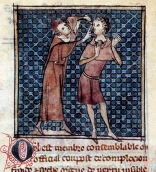Anatomická postava: lékař vyšetřující oko pacienta. Miniatura z rukopisu „“ Chirurgie“ (Folio 17v) od Henriho de Mondeville (chirurg Philippe Le Bel, profesor anatomie)
