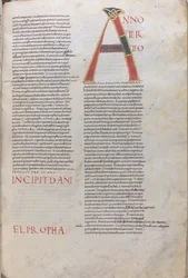 Anno tertio: Incipit Daniel Propha.Incipit knihy proroka Daniela, 11. století (miniatura, blánový rukopis)