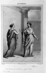 Antigona I. dějství, scéna 3. Italská tragédie Vittoria Alfieriho napsaná v roce 1783 podle řecké mytologie. Rytina 18. století.