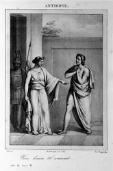 Antigona I. dějství, scéna 3. Italská tragédie Vittoria Alfieriho napsaná v roce 1783 podle řecké mytologie. Rytina 18. století.