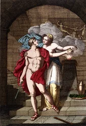 Arianne dává Theseovi nit, aby se mohl dostat z bludiště - v Dizionario mitologico