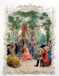 Aristokratický obřad v zahradě (zámek Versailles?) v „“ Kvalitní žena v minulém století““ 1778