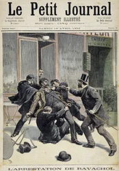 Zatčení anarchisty Francoise Koenigsteina dit Ravacola (od jména jeho matky) (1859 - 1892). Jeden z 