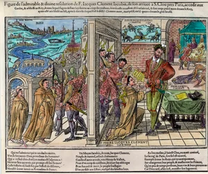 Zavraždění francouzského krále Jindřicha III. (1551-1589) Jacquesem Clémentem (1567-1589), dominikánským řeholníkem podporujícím Katolickou ligu, 1. srpna