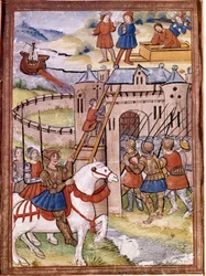 Útok na hrad. Epizoda 100leté války. Rukopis 16. století. Victoria and Albert Library, Londýn.