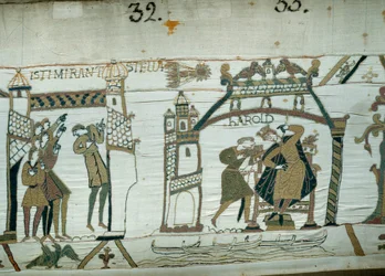 Astrologové hlásí výskyt komety (Halley), přitlačení neštěstí na Harolda, sotva korunovaného krále Anglie Detail tapiserie z Bayeux nebo výšivky královny Mathildy