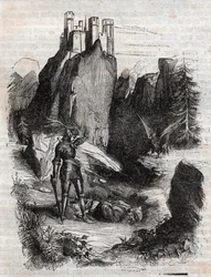 Atlant poražen Bradamantem - rytina z roku 1851 z „“ Furious Roland““