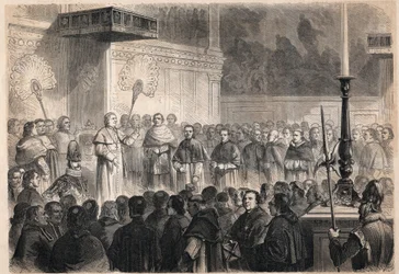 Audience udělená papežem Piem IX. (Pio) (1792-1878) zahraničním duchovním v Sixtinské kapli (cappella sistina) v Římě u příležitosti oslav kanonizace 26 „japonských mučedníků“, skupiny ukřižovaných katolíků v Japonsku v roce 1597