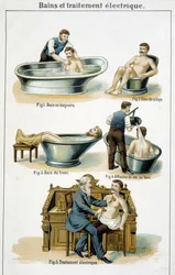 Koupele a elektroléčba: 1) vana, 2) sedací vana, 3) vana na trupu, 4) zpět do vany, 5) elektrická léčba - v „Bilzu, přírodní medicíně“, konec 19. století