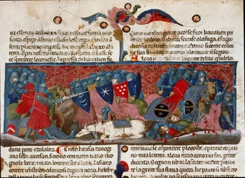Bitevní scéna, brnění válečníci se navzájem střetávají Detail stránky s rukopisem „Fakta Římanů““ (Ms. 1538) kolem roku 1340 Florencie, Biblioteca Riccardiana