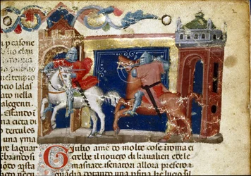 Bitevní scéna, dva rytíři v brnění, kteří se proti sobě postavili Detail stránky s rukopisem „Fakta Římanů““ (Ms. 1538) kolem roku 1340 Florencie, Biblioteca Riccardiana