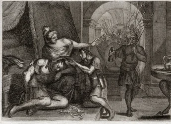 Bible of Royaumont, Starý zákon: Smrt Samsona. Samson zjistí Dalilu, že její síla byla v jejích vlasech. Ostříhá mu vlasy a přivede do místnosti filištínské vojáky. Ilustrace z roku 1811.