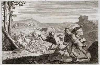 Bible z Royaumontu, Starý zákon: Porážka Saula. Saulovo vojsko bylo poraženo Pelištejci. Jeho tři děti tam byly zabity a on, těžce zraněný v bitvě, se zabil. Ilustrace z roku 1811.