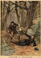 Krvavý boj mezi pytlákem a policistou v okolí Bezieru. Rytina v „“ Le petit journal“ 10/03/1895. Selva sbírka.