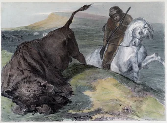 Kanadský Huron Buffalo Hunt - v "" Shythových náčrtech v Kanadě"" od Coke Smyth, Londýn