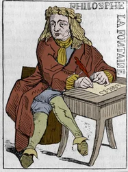 Kartová hra Francouzské republiky (1793) zveřejněná v National Convention dne 21. 9. 1792, po pádu království: postava filozofa podle rysů Jeana de la Fontaina (1621-1695), francouzského básníka. V „“ Malebném obchodě““ 1