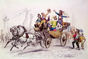 Karneval. Fetardovy převleky na kočáru. Rytina z roku 1846. paříž, karnevalové muzeum