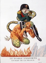 Karikatura o Napoleonu Bonapartovi nesená ďáblem: Kéž ďábel zvítězí nad přáním Francie - v „“ Napoleon I., karikatury, sbírka figurín““. 1814 - 1815. B.H.V.P.