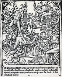 Kotle plné vroucího oleje a olova, do kterých čerti vrhají lakomce, aby je opili svým zlým chamtivým popisem pekelného Lazara. Prorocký almanach Fac simile du „Calendrier des Bergers““ vytištěný Claudem Nourrym v roce 1504 pro Jacquese Hugu