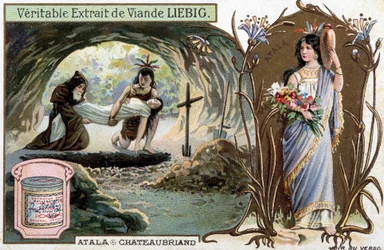 Chactas a otec Aubry pohřbili Atalu a portrét hrdinky - Scene de Atala nebo Les Amours de deux sauvages dans le desert, Francois Rene de Chateaubriand (1768-1848) - Liebigova chromolitografie