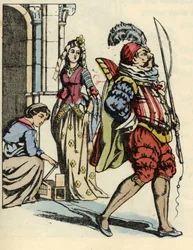 Popelka osvobozuje myši, které se promění v koně, a krysu, která se promění v kočího. Ilustrace k pohádce Charlese Perraulta „Popelka aneb Malý skleněný střevíček“