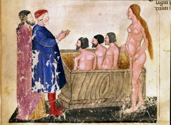 Kruh adulátorů: Dante a Virgil se setkávají s Alessiem Interminellim (nebo Intermineii), lordem z Luccy, a prostitutkou Thais. Osvětlená stránka ilustrující 18. píseň pekla z „Divina Commedia“ od Dante Alighieriho (1265-1321). 14. století, Benátky,