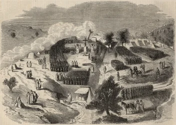 Conquete de Algerie: expedice do Velké Kabylie v roce 1857, položení prvního kamene pevnosti Napoleon v Souk-el-Arba (Souk el Arba). Rytina v „Le Monde illustrious““ z roku 1857. Soukromá sbírka.