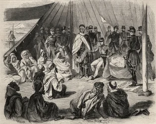 Conquete of Algeria: výprava do Velké Kabylie v roce 1857. Podrobení kmene Kabyle Beni-Raten (Beni Raten) francouzskou armádou. Rytina v „Le Monde illustrious““ z roku 1857. Soukromá sbírka.