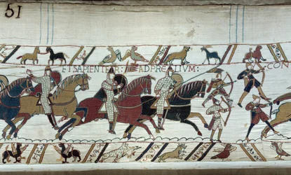Dobytí Anglie vévodou z Normandie Williamem Dobyvatelem (1027-1087) v roce 1066: počátek bitvy u Hastings Detail tapisérie z Bayeux nebo výšivka královny Mathildy