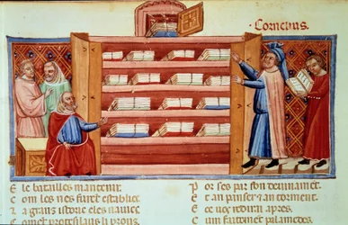 Cornelius Nepos, římský životopisec (100-ca. 25 př. n. l.), objevuje ve skříni Dějiny Tróje od Darea Fryžského. Miniatura v „Románu o Tróji“ (Folio 2v) od Benoîta de Sainte-Maure (12. století)