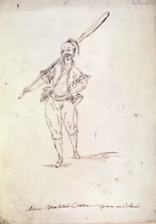 Kostým pro postavu Rolanda ve stejnojmenné opeře skladatele Niccolo Vita Piccinniho (neboli Picciniho) (1728-1800) podle libreta Jeana Francoise Marmontela (1778). Kresba konce 18. století