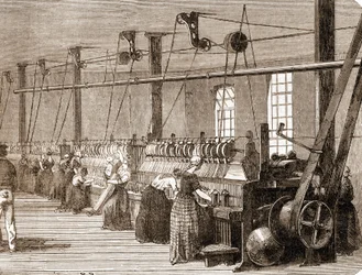 Dílna na tkaní bavlny. 1860 rytina.