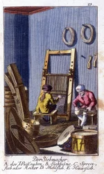 Řemeslné řemeslo: prosévání a síto v jejich dílně. V „“ Komplexní popis umění a řemesel a workshopů pro mladé lidi“ od Johana Petera Vue. Ed. Norimberk, Weigel a Schneider