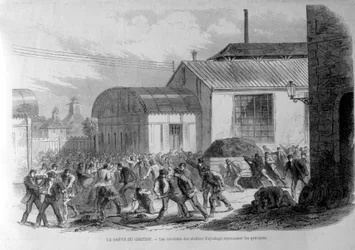 Creusotův úder. Pracovníci úpraven odrážející stávkující. Rytina 19. století.