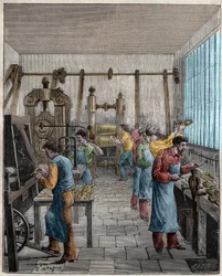 Nožířská dílna (Posate) ve Francii v 19. století. Rytina z roku 1885 v „“Les arts et metiers illustres““ od Adolphe BITARDA.